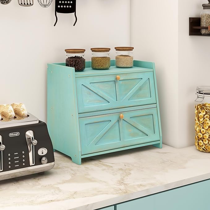 Vintage Double Layer Bread Box for Kitchen Counter Bamboo Bread Storage Container Large Capacity Bread Storage Bin (Antique Blue)