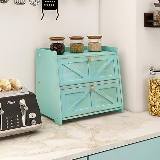 Vintage Double Layer Bread Box for Kitchen Counter Bamboo Bread Storage Container Large Capacity Bread Storage Bin (Antique Blue)