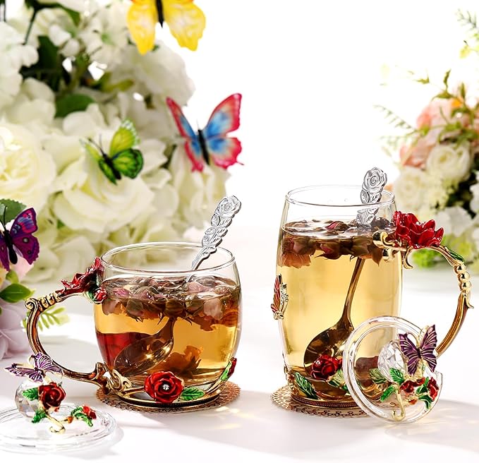 Nuanchu 4 Sets Flower Glass Tea Cups with Lids and Spoon Butterfly Vintage Glass Coffee Mugs Floral Fancy Clear Teacup for Christmas Women Mom Wife Girlfriend(Red,11 Oz,12 oz)