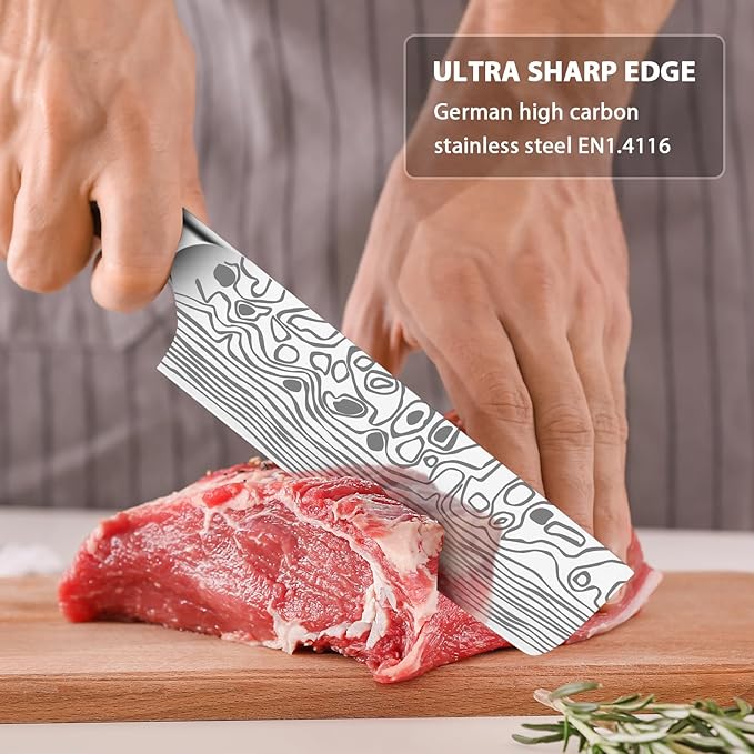 MOSFiATA Nakiri Kitchen Knife, 7”&5.5" Chef Knife Set, Ultra Sharp German Stainless Steel Cleaver Cooking Knife with Ergonomic Handle Gift Box