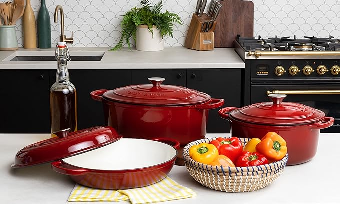 Larder & Vine 9 Piece Enameled Cast Iron Cookware Set, Oven Safe and Compatible with all Cooktops – includes 3.6 Qt Braiser, 5.7 QT and 8 QT Dutch Ovens, 10.25in Skillet and 2.2 QT Saucepan (Cabernet)