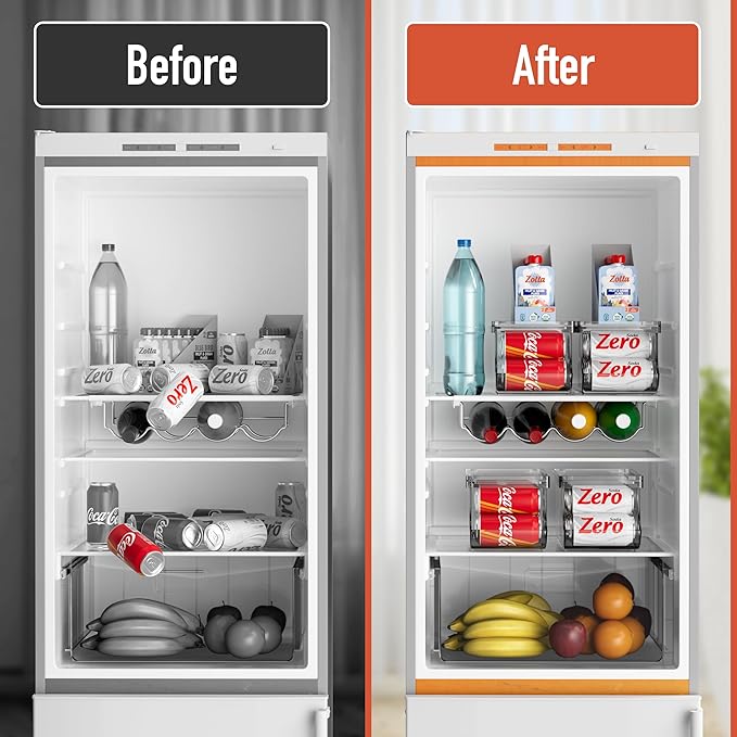 Set of 2 Stackable Drink Can Organizer for Fridge, Freezer, Kitchen, Countertops, Cabinets - Soft Drink Holder for Refrigerator with Lid, Soda Can Dispenser, BPA Free, Holds 9 Cans Each