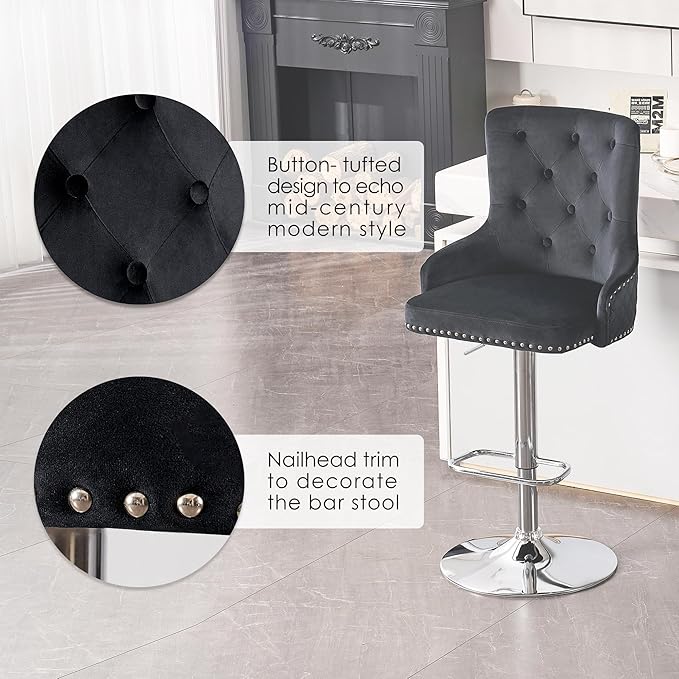 Velvet Lion Bar Stools Set of 6, Modern Height Adjustable Swivel Barstools with Chrome Base, Tufted Counter Height Bar Stools Upholstered Bar Chairs for Kitchen Island, Dining Room, Black