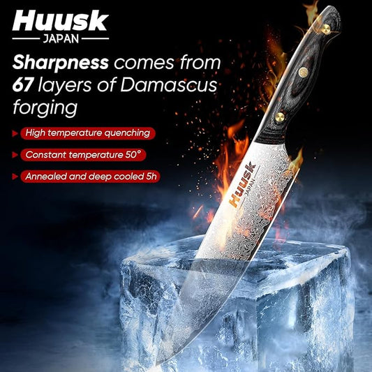 Huusk Damascus Chef Knife Set 3 PCS,VG10 Santoku Knives set,Damascus Kitchen Utility Knives set with Ebony Handle, Damascus Paring Knives Set for Meat Vegetable Fruit, Dad Mom Gift