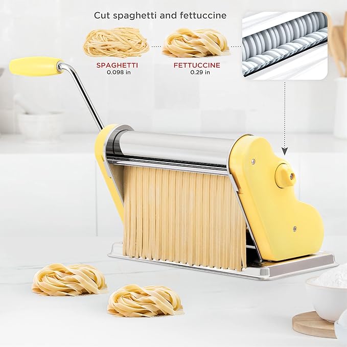 PASTALINDA Classic 260 Pasta Maker Machine, 26 cm Wide Rollers, 9 Thickness Positions, 2 Cutting Positions, Stainless Steel. Includes Reinforced Hand Crank And Two Clamps (Yellow)