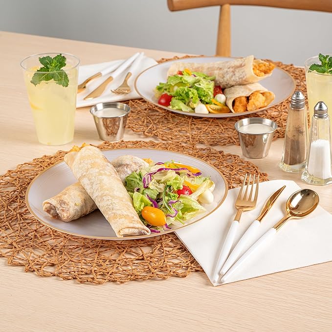 Restaurantware Plastic Plates 100 Pcs 10" Gold Rimmed Disposable Plates Heavy-Duty White Translucent Rippled Plastic Dinner Servers for Party, Weddings, Salads, Desserts, and Appetizers