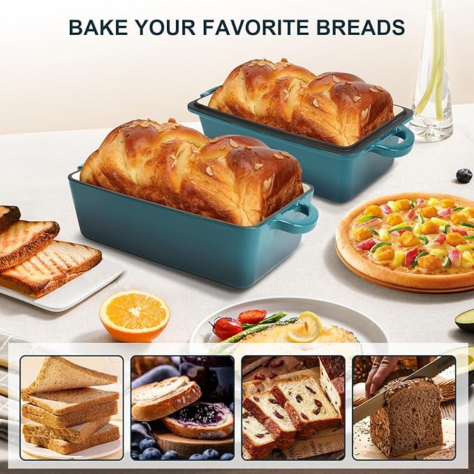 9x5 Inch Enameled Cast Iron Loaf Pan with Lid | 2 in 1 Homemade Sourdough Bread Baking Pan for Homemade Bread, Cake, Meatloaf | Durable 2 Piece Set, Blue Color