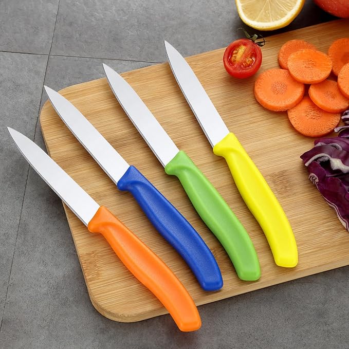 BEWOS Paring Knife, Straight Edge Paring Knives Set of 4, Ergonomic Handle, Ultra Sharp Kitchen Knife, Colorful PP Plastic Handle, 4.1-inch Pointed Tip (Orange, Yellow, Blue, Green)