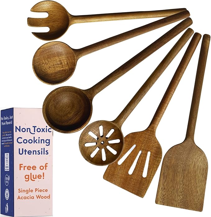 Non-Toxic Cooking Utensils โ 6-Piece Kitchen Utensils Set, Glue-Free & One-Piece Wooden Spoons for Cooking, Natural Wooden Utensil Set with Plant-Based Finish, Free of Forever Chemicals