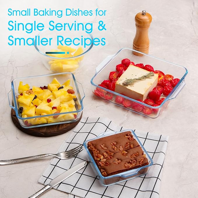 NUTRIUPS Mini Square Glass Baking Dish for Oven, Square Cake Pan Glass Casserole Dishes for Oven (4.5in+6in+7.5in)