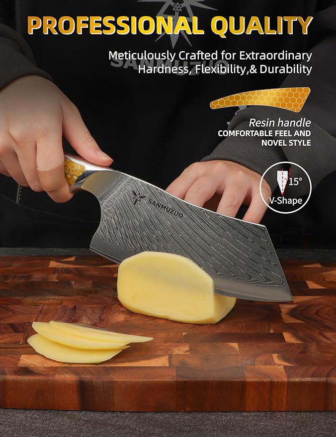 7 inch Nakiri Knife, Japanese VG-10 Damascus Steel Meat Cleaver, Ultra Sharp Vegetable Knife with Full-tang Handle in Yellow Resin, LA-S9 Series