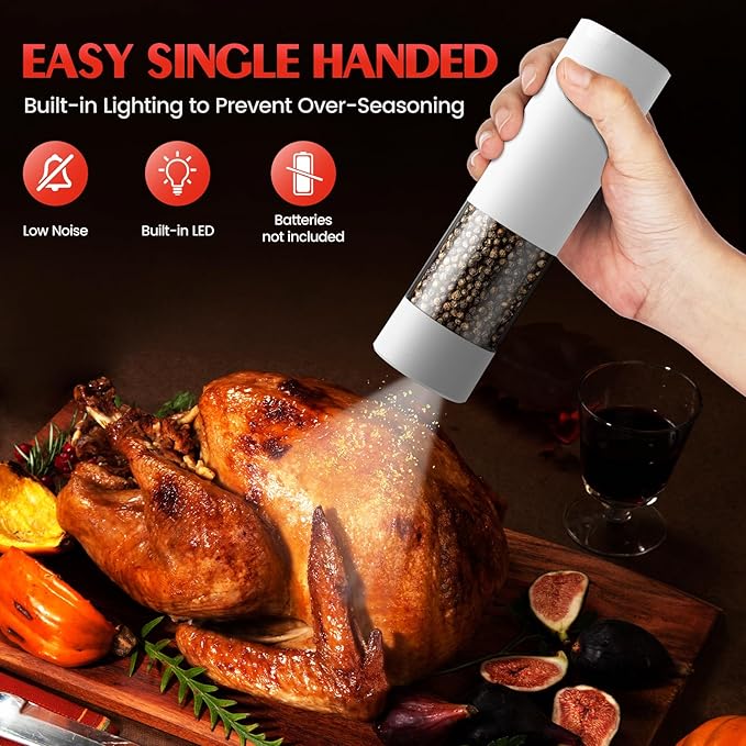 Electric Salt and Pepper Grinder Set Automatic Battery Pepper Mill Shakers Adjustable Coarseness Easy Filling Upgraded Larger Capacity with Led (2 Pack White/White)