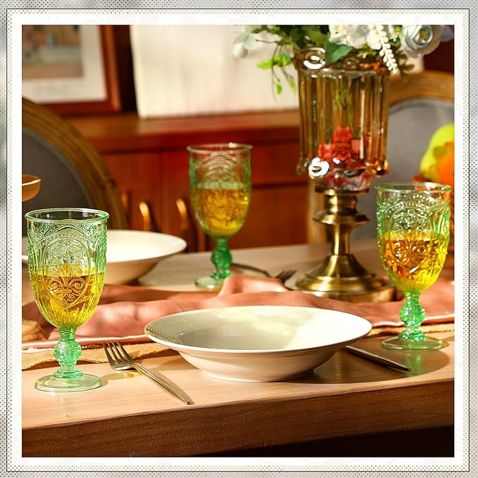 18 Pack Plastic Goblets 10oz Upgrade Vintage Water Goblet Plastic Wine Glasses Colored Retro Embossed Glassware for Party Wine Bar Juice Baby Shower Wedding Reception Grand (Green)