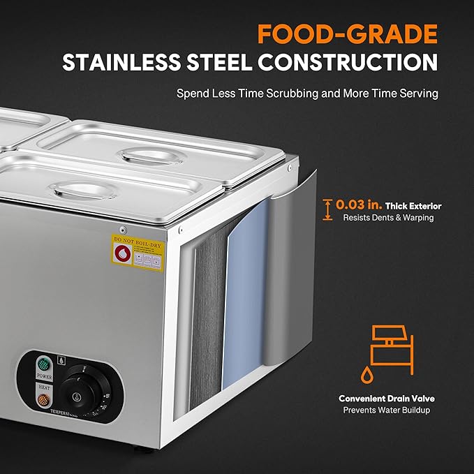 WILPREP Single-Well Commercial Food Warmer with Four 1/4 Pans, Electric Warmer for Food with Adjustable Temp. & Auto Shutoff, Stainless Steel Food Heating Unit for Buffet Food Truck Hotel Catering