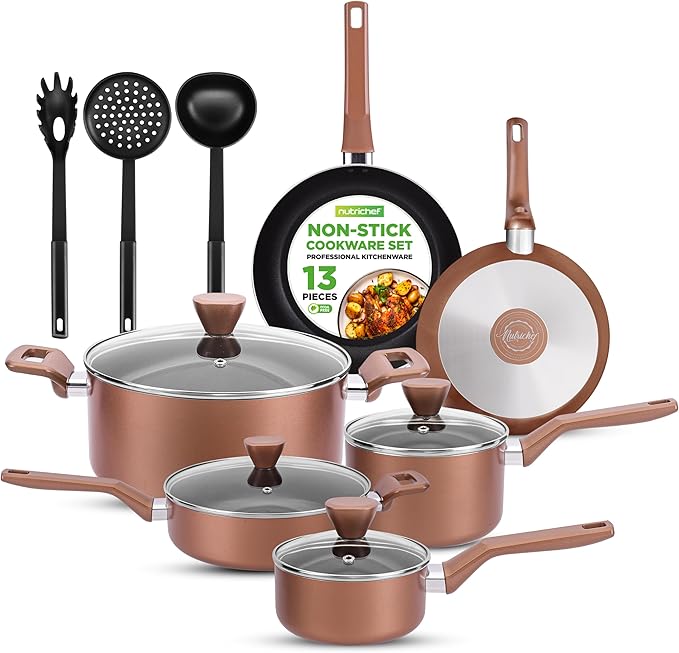 NutriChef 13-Piece Nonstick Kitchen Cookware Set-PTFE/PFOA/PFOS-Free Heat Resistant Kitchen Ware Pots Pan Set w/ Saucepan,Frying Pans,Cooking Pots,Casserole,Lids, Ladle,Fork, Strainer,Brown -NCCWA13BR