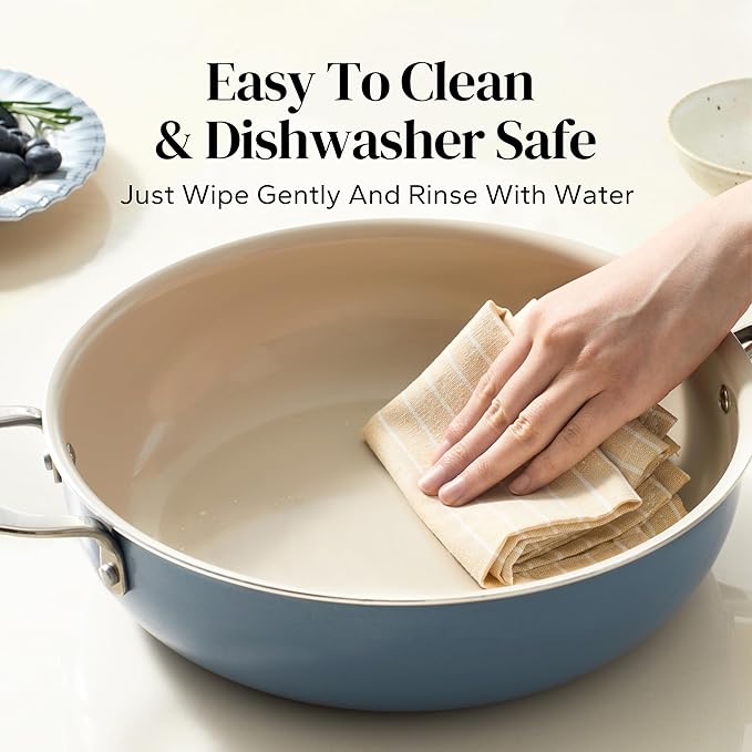 Redchef Ceramic Saute Pan with Lid, Nonstick Deep Frying Pan, 5QT Jumbo Cooker with Helper Handle & Lid, Non Toxic Ceramic Cooking Pan, Chef Pan, Dishwasher & Oven Safe, PFAS PFOA & PTFE Free(Blue)