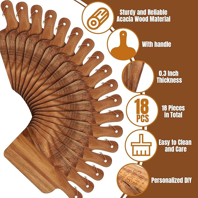 Irenare 18 Pcs Plain Cutting Board Set with Handles Laser Engraving Wooden Charcuterie Kitchen Serving Chopping Board Bulk for DIY Housewarming Mother's Day Gifts(Acacia,15 x 7 Inch)