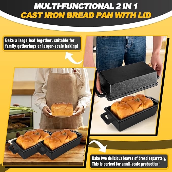 Cast Iron Bread Pan with Lid 9×5 Inch, 2 in 1 Cast Iron loaf pan with lid Bread Pans for Homemade Sourdough Bread Baking Pan, 2 Piece Set
