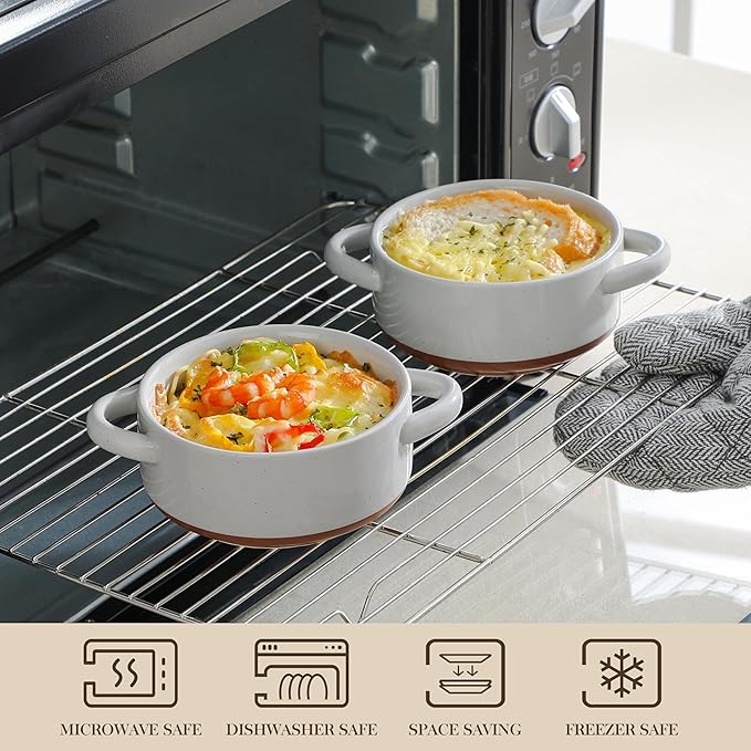 MALACASA Mini Cocotte Set - 12 OZ Ramekins with Lids and Handles, Small Casserole Dishes for Oven, Ceramic Small Baking Dish Set of 4, Microwave & Dishwasher Safe, Khaki Grey, Series TARA