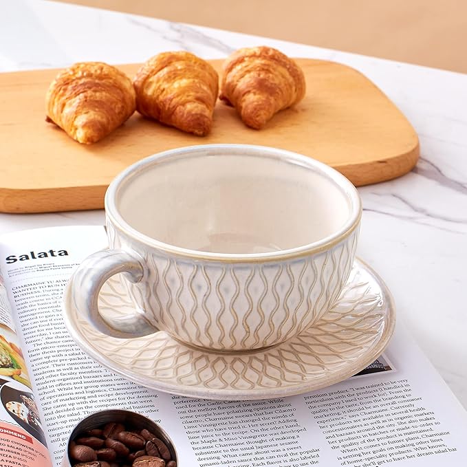 Vintage Design 12 oz Ceramic Latte Art Cappuccino Barista Cup with Saucer (Embossed Beige)