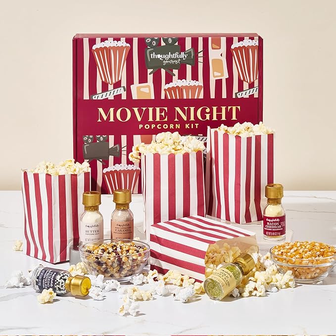 Thoughtfully Gourmet, Movie Night Popcorn Set, Includes Yellow and Mixed Popcorn Kernels, 10 Paper Bags, 5 Seasonings & Toppings