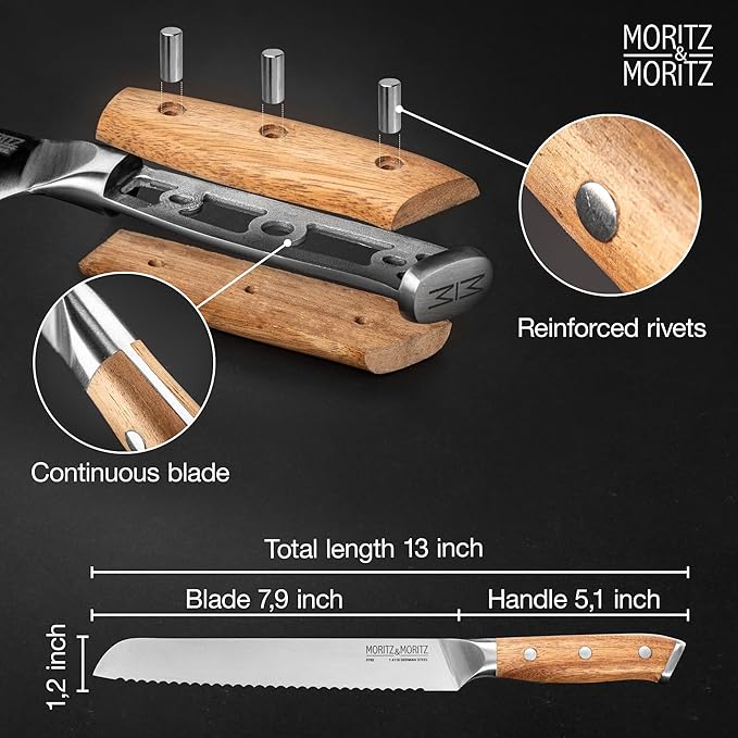 Moritz & Moritz 8-Inch Serrated Bread Knife β Professional Kitchen Bread Knife for Homemade Bread, Baguettes, Pastries & Cakes β Sharp German Stainless Steel Blade with Ergonomic Acacia Wood Handle