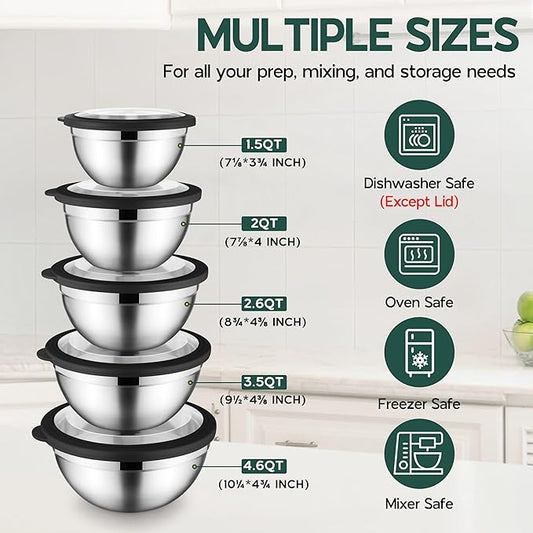 Onader Stainless Steel Mixing Bowls with Black Lids, Metal Nesting Mixing Bowl Set of 5 - Size 1.5, 2, 2.6, 3.5, 4.6QT