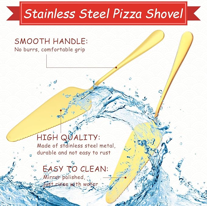 12 Pcs Pizza Stand Set: 4 Metal Stands, 4 Pizza Pans, 4 Spatulas for Weddings, Party(Gold,Classic)