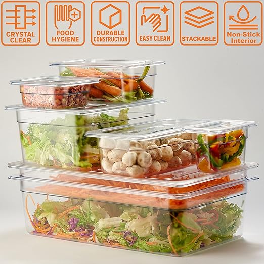 CURTA 6 Pack NSF Food Pans, 1/9 Size 4 Inch Deep, Commercial Polycarbonate Plastic Clear Freezer-Safe