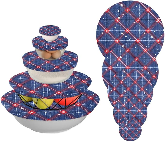 5 Pcs Bowl Covers Reusable in 5 Size Elastic Food Cover Cloth Lids Fresh Keeping Dish Cookware Bakeware Fabric Covers Lids for Food Leftovers Fruits Storage Blue Retro Plaid Stars