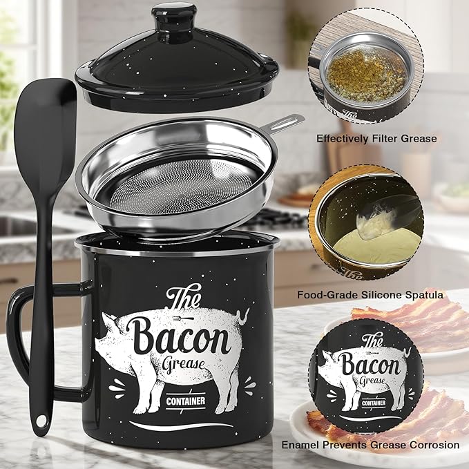 Bacon Grease Container With Strainer, 46OZ Large Enamel Grease Container, With Silicone Spatula, Farmhouse Bacon Grease Keeper, Cooking Oil Container For Kitchen Fat Storage, Dishwasher Safe-Black