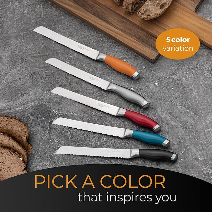 Orblue Serrated Bread Knife with Upgraded Stainless Steel Razor Sharp Wavy Edge Width - Bread Cutter Ideal for Slicing Homemade Bread, Bagels, Cake (8-Inch Blade with 5-Inch Handle) Orange