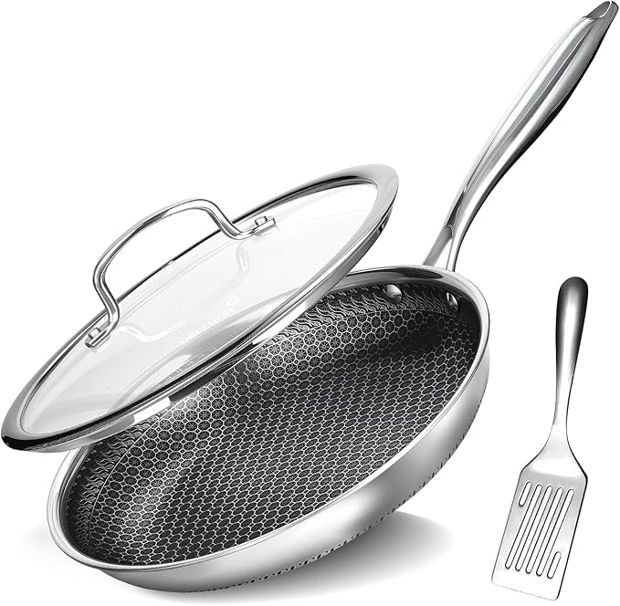 10 Inch Nonstick Frying Pan with Lid, Stainless Steel Skillet with Honeycomb Surface, Induction Compatible, Oven & Dishwasher Safe, PFAS-Free Cookware