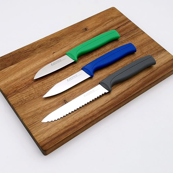 Kitchen Knife Set, MATTSTONE HILL Paring Knife Set - 4.7" Serrated Utility Knife, 3.5" Fruit & Vegetable Paring, 3" Flat Edge Peeling, German High Carbone Steel, Gray, Blue, Green