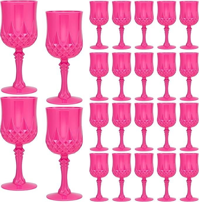 Plastic Vintage Wine Glasses 7OZ Plastic Goblets Vintage Drinking Glasses 24PCS Retro Wedding Glassware Water Goblets Reusable Drinking Cups for Party,Reception,Celebration,Bar,Whiskey(Rose Pink)