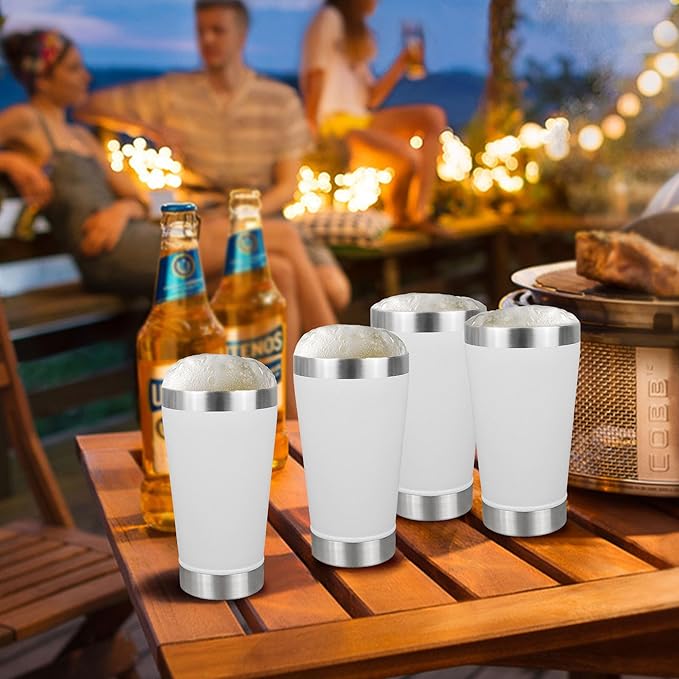 16 oz Insulated Beer Glasses Set of 6, Stacking Beer Pint Glass, Beer Tumbler Outdoor, Stainless Steel Double Walled Cup, White, Ideal for Wine Lover, Coffee, Cocktail