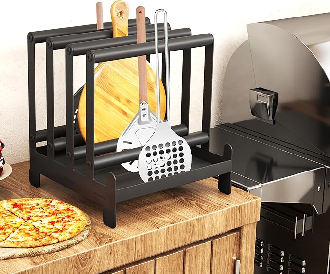 Pizza Peel Rack Steel 4 Available Slots Pizza Paddle Holder Rack with Non-Slip Feet for Pizza Spatula Turner Storage Organizing and Saving Space Pizza Turning Oven Accessories Black