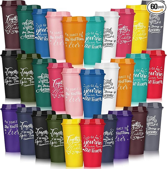 Pickmesh 60 Pcs Employee Appreciation Gifts Christmas Thank You Gift for Team Building 16 oz Teacher Plastic Coffee Cup with Lid Inspirational Travel Tumbler for Coworker Staff Pastor (Colorful)