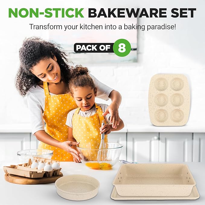 NutriChef 8-Piece Stackable Bakeware Set - Carbon Steel Non-Stick Baking Pan Set, Sheet, Muffin, Round, Loaf, Square Cake & Deep Pans, 450°F Heat Resistant, Standard & Convection Ovens (Marble Cream)