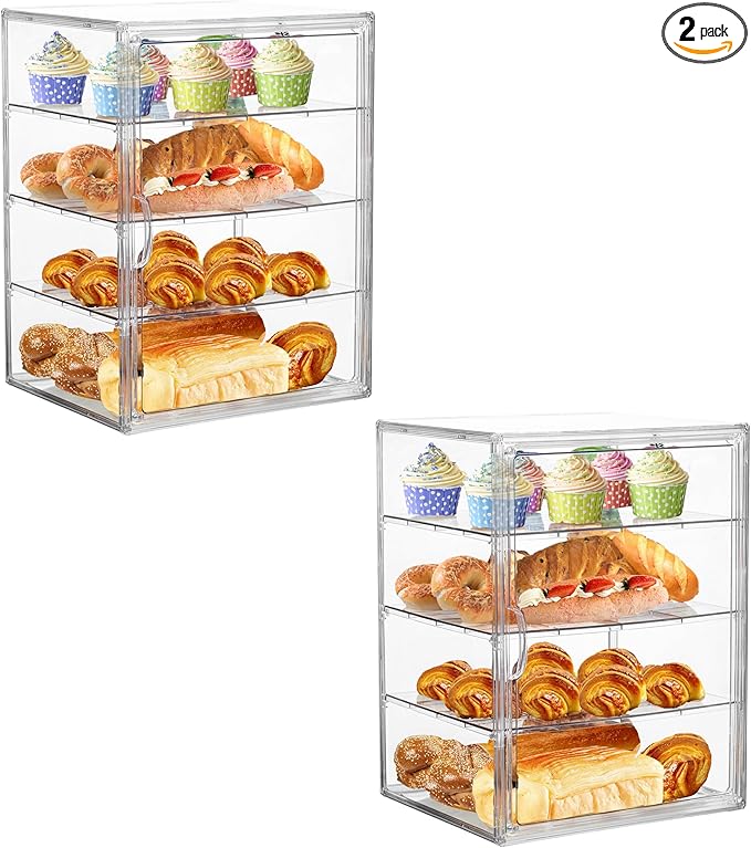 Bread Box for Kitchen Countertop Pastry Display Case 4 Layers Adjustable Clear Bread Storage Container with Magnetic Door Bread Box Bakery Display Case Bread Holder 2 Pack