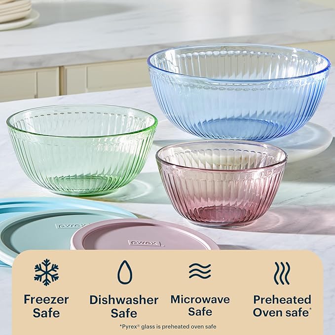 Pyrex Colors Tinted (3-Pack, Full Set) Sculpted Tinted Glass Mixing Bowls With Lids, Nesting Space Saving Set of Bowls For Prepping and Baking, 1.3QT, 2.3QT & 4.5Q, Blue