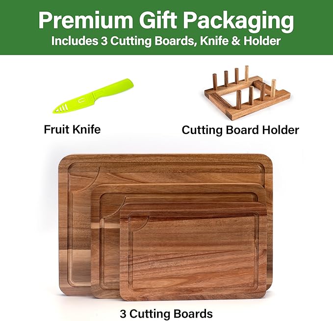 Wood Cutting Board For Kitchen, Wooden Cutting Board Set of 3 with Juice Groove, Double-Sided Chopping Board Serving Board for Meat, Vegetables and Cheese