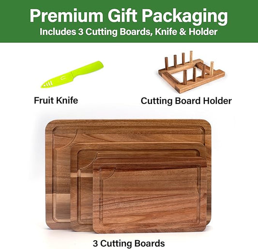 Wood Cutting Board For Kitchen, Wooden Cutting Board Set of 3 with Juice Groove, Double-Sided Chopping Board Serving Board for Meat, Vegetables and Cheese