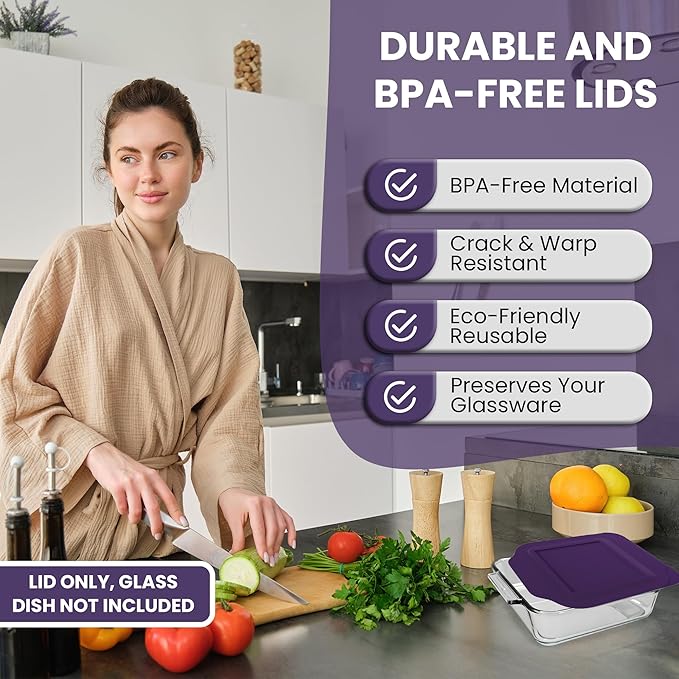 Replacement Lid for Pyrex 2-Quart 8" x 8" Glass Baking Dish #222, Compatible with Lid #222-PC, Food Storage Container Cover with Flush Tab Handles (Purple)