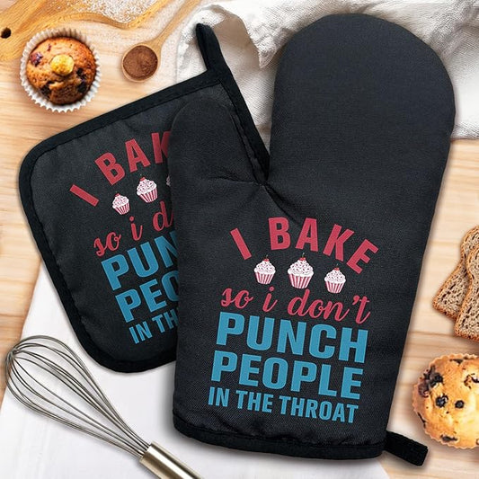 ZHANTUONE I Bake So I Don't Punch People in The Throat Funny Heat Resistant Oven Mitts and Pot Holders Set with Silicone Non-Slip, Women Bakers Cooking Baking Gadgets, Gifts for Chef Hostess Mom