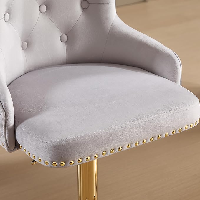 Velvet Gold Barstools Set of 2, Modern Counter Height Adjustable Swivel Stools Chairs with High Tufted Backrest Golden Base Lion Head Pull Ring Rivet Trim for Kitchen (Grey)