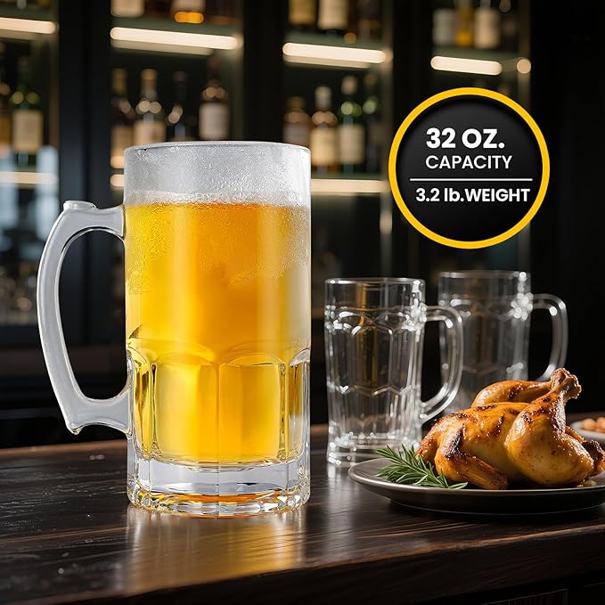 34oz Large Glass Beer Mug Set of 2 with Handle