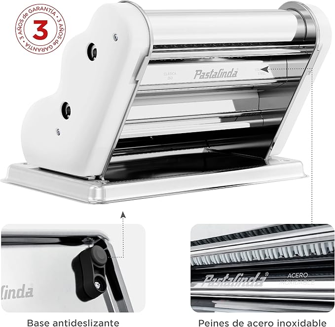 PASTALINDA Classic 260 Pasta Maker Machine, 26 cm Wide Rollers, 9 Thickness Positions, 2 Cutting Positions, Stainless Steel. Includes Reinforced Hand Crank And Two Clamps (White)