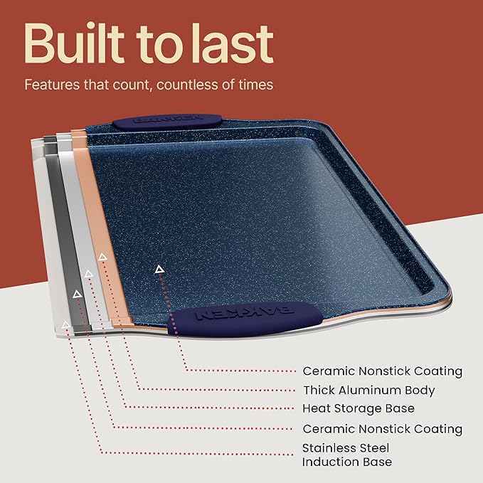 BAKKEN Kitchen Baking Pan Set - Nonstick Coating, Carbon Steel Bakeware Sets with Blue Silicone Handles, Baking Kitchen Essentials, PFOA, PFOS, PTFE Free, Oven Safe Tray (Up To 450° F), Set of 6