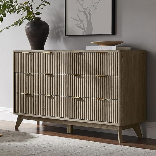 T4TREAM Fluted 6 Drawers Dresser, 54" Wide Modern Chest of Drawers, Curved Profile Design, Dresser TV Stand, Wood Drawer Organizer for Bedroom, Living Room, Hallway, Grey Alder